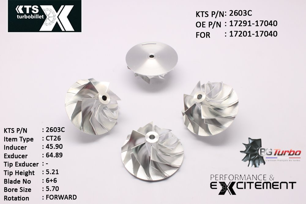 Turbo ROUE FORGÉE MFS PERFORMANCE - 6+6 PALES - INDUCER : 45,9 - EXDUCER : 64,89 - TYPE : CT20BANGLE : 60° - ROTATION : Forward - SUPER BACK : 1,85 - BORE SIZE : 5,7
